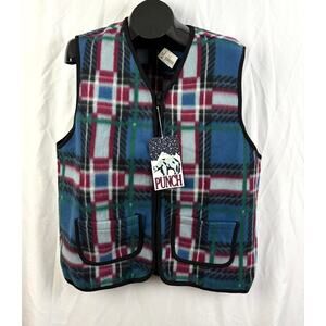 VTG 90s Punch Plaid Fleece Vest Mens Large‎ Blue Red Zip Front NWT